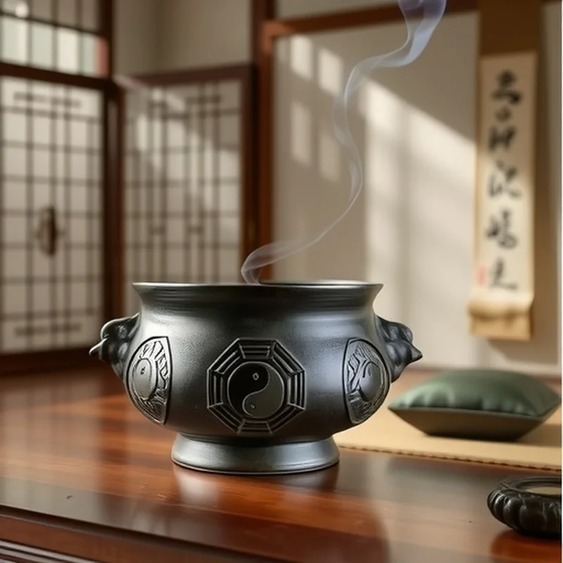 Eight-Trigram Four Divine Beasts Incense Burner, Antique-Style, Made of Purple Copper Alloy, for Buddhist Temples and Home Use,