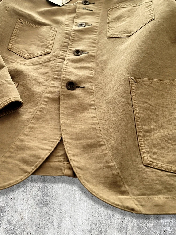 Amekaji pakaian pria katun pakaian kerja Khaki, mantel kerah lipat kasual Retro
