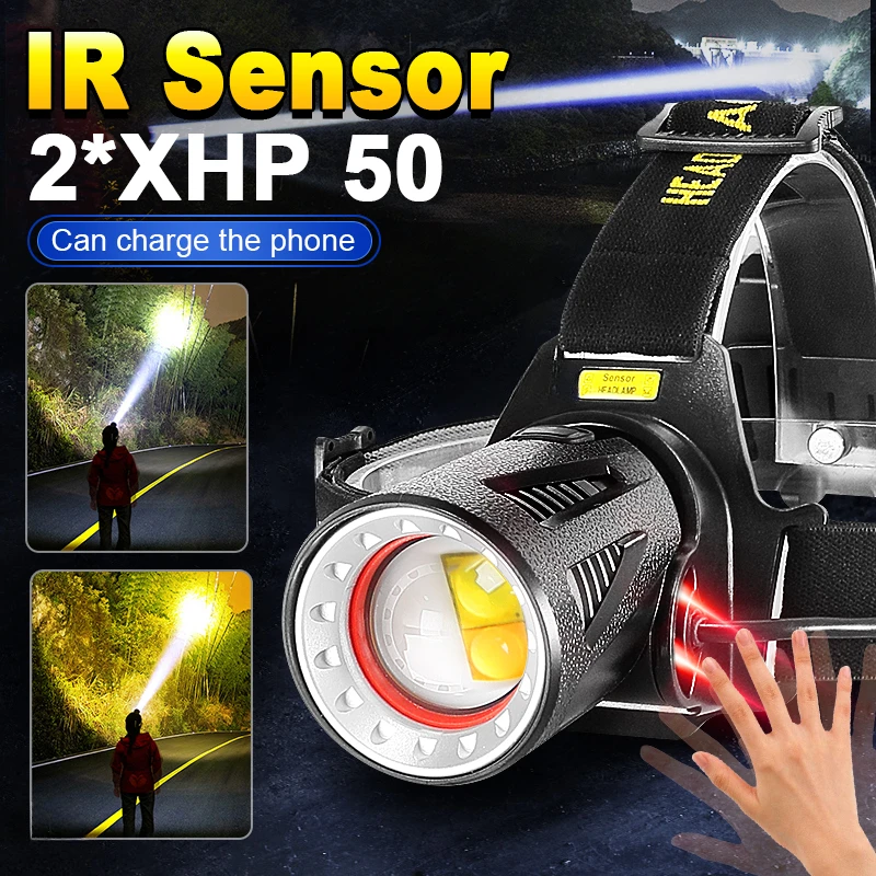 Recarregável LED Sensor Farol, Branco e Amarelo Luz, Poderoso Pesca Cabeça Lanterna, 3 Modos, Power Bank, Camping Lanternas, XHP50