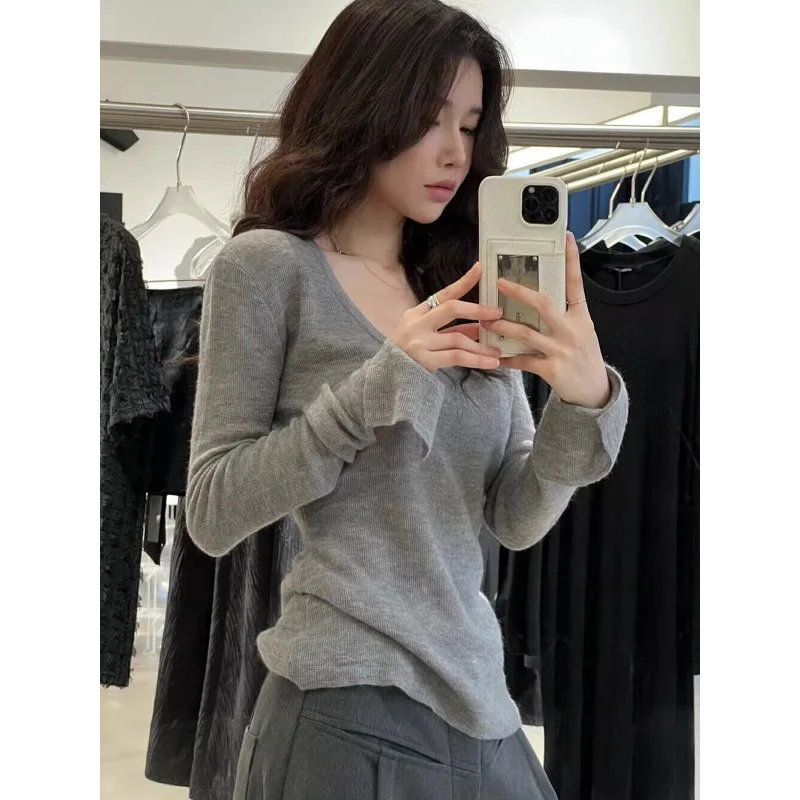 

Spicy Girl Knitted Base Shirt Women's Slim Fit Low Neck Long Sleeve V-Neck Inner Wear Autumn Winter Fashion Soft Cotton Top