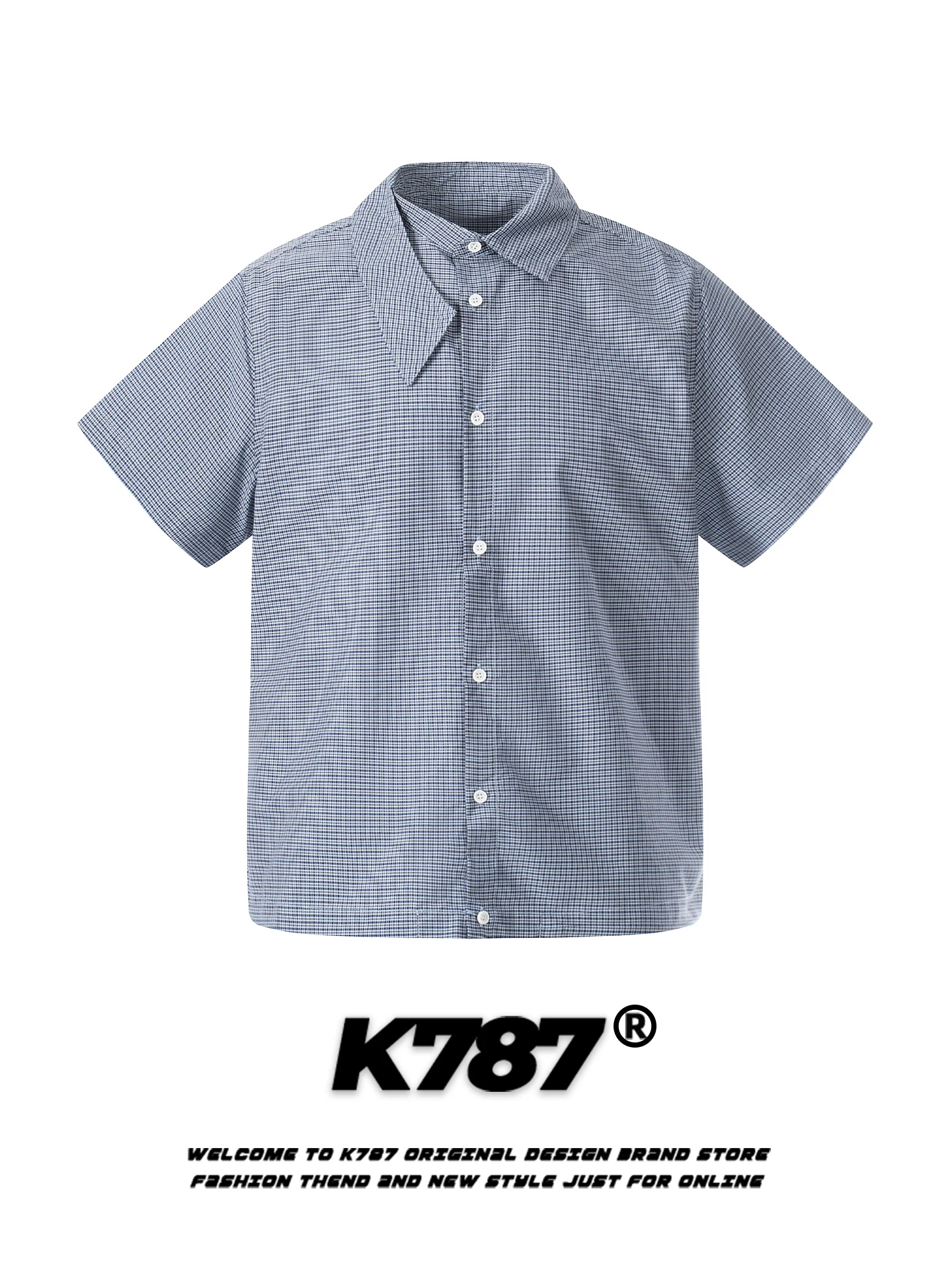 

K787 American Retro Plaid Asymmetrical Collar Loose Casual College Style Couple Short Sleeve Shirt Summer Men Women Casual Shirt