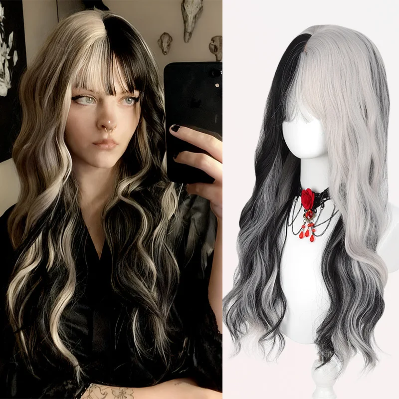 Two Tone Black & Silver Long Curly Wig with Bangs Heat Resistant Synthetic Hair for Women Gothic Cosplay Daily Party Hairstyle