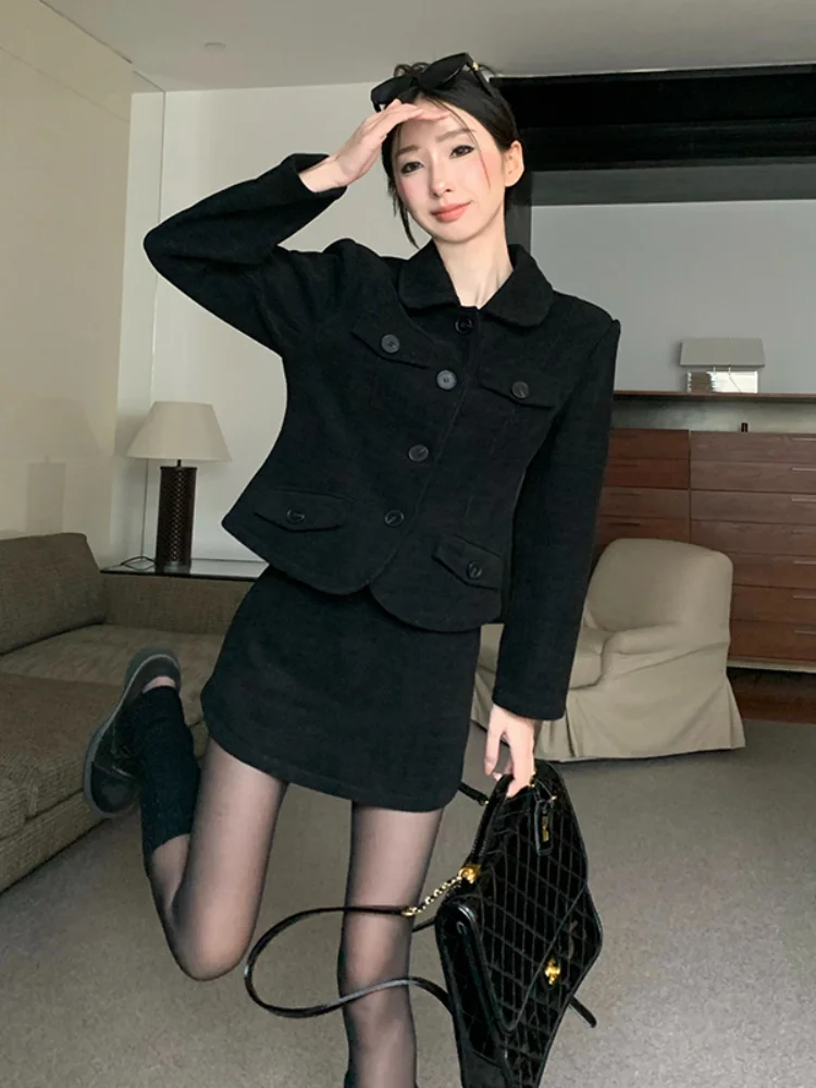 UNXX Skirt Suits Women Fall/Winter French Style Vintage Fleece Long Sleeved Blazers + Half Skirt Set Black Tweed Two-Piece Sets