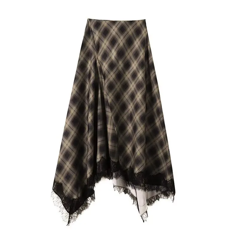 European and American 2026 new women's clothing cross-border irregular versatile plaid splicing lace skirt