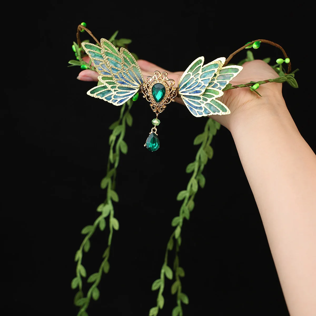 Green Forest Fairy Hair Crown with Crystal Forehead Chain,Elf Headpiece with Long Tassel Headband,Woodland Princess Floral Tiara