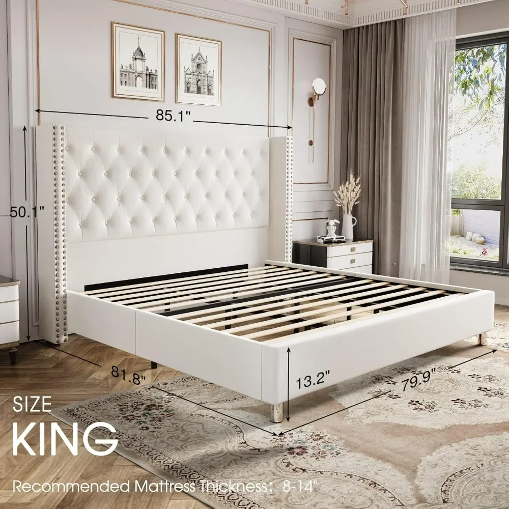 King Bed Frame Upholstered Bed Velvet Low Profile Platform Bed with Raised Wingback Headboard/No Box Spring Needed/Easy Assembly