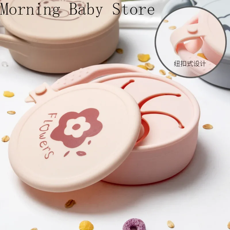 Cartoon Little Rabbit Printing Snack Bowl with Lid Foldable Anti-spray Baby Silicone Snack Cup Portable Baby Food Supplement Box