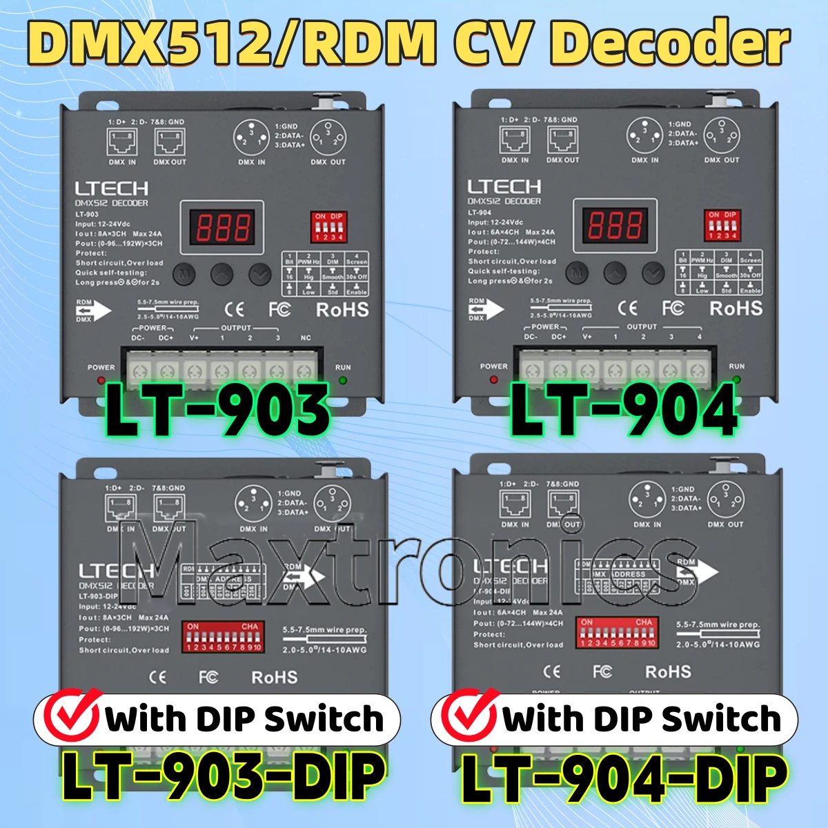 LTECH DMX512/RDM CV Decoder DC12-24V 8A/CH 3 Channel 24A 6A/4CH 4 Channel 3-pin XLR, RJ45, Green Terminal RGB RGBW DMX512 Slaver