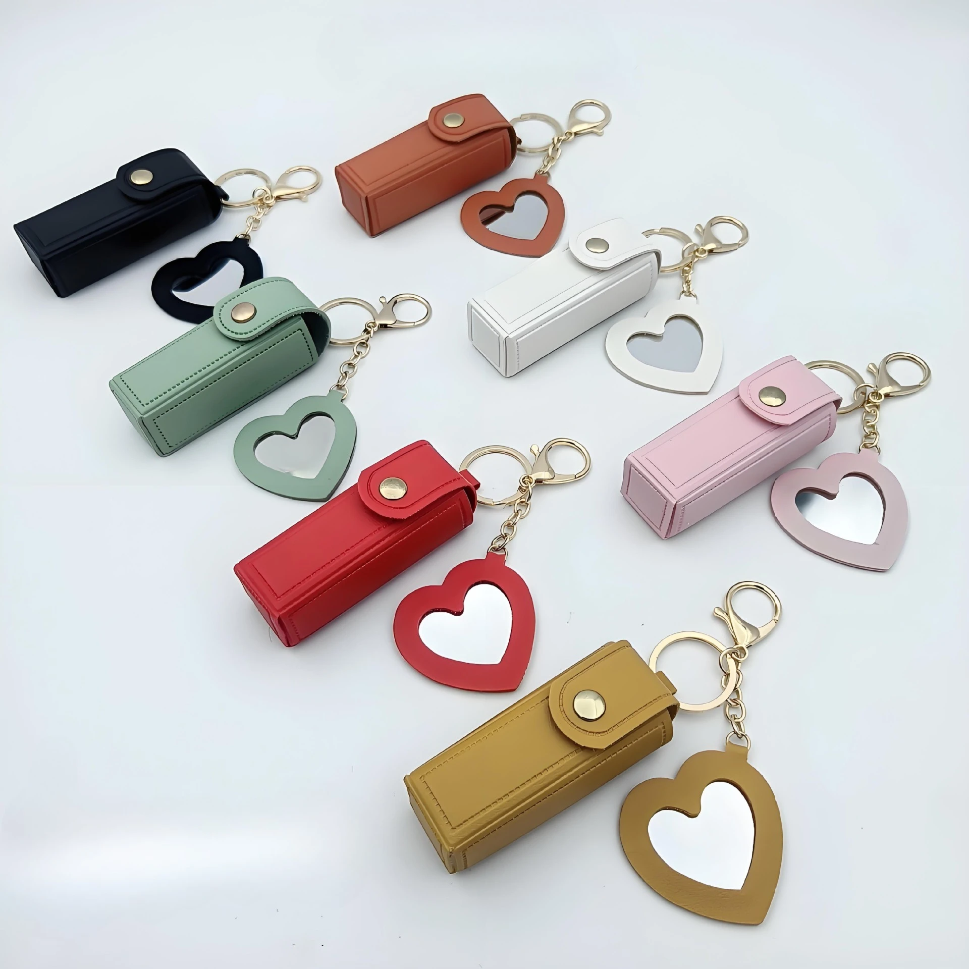 Portable lipstick bag love mirror lipstick protective leather case Cute simple pendant keychain