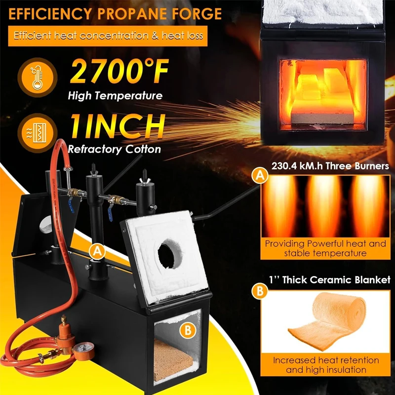 

Propane Gas Forge, Triple Burner 2700℉ Blacksmithing Forge Large Capacity Forge for Farrier, Knife and Tool Making