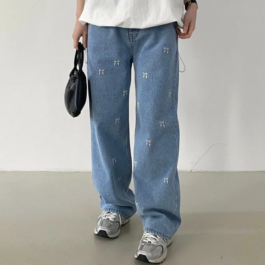 

High Waist Loose Fit Chic Embroidered Knot Women's Jeans Adjustable Waist Straight Leg Long Trousers