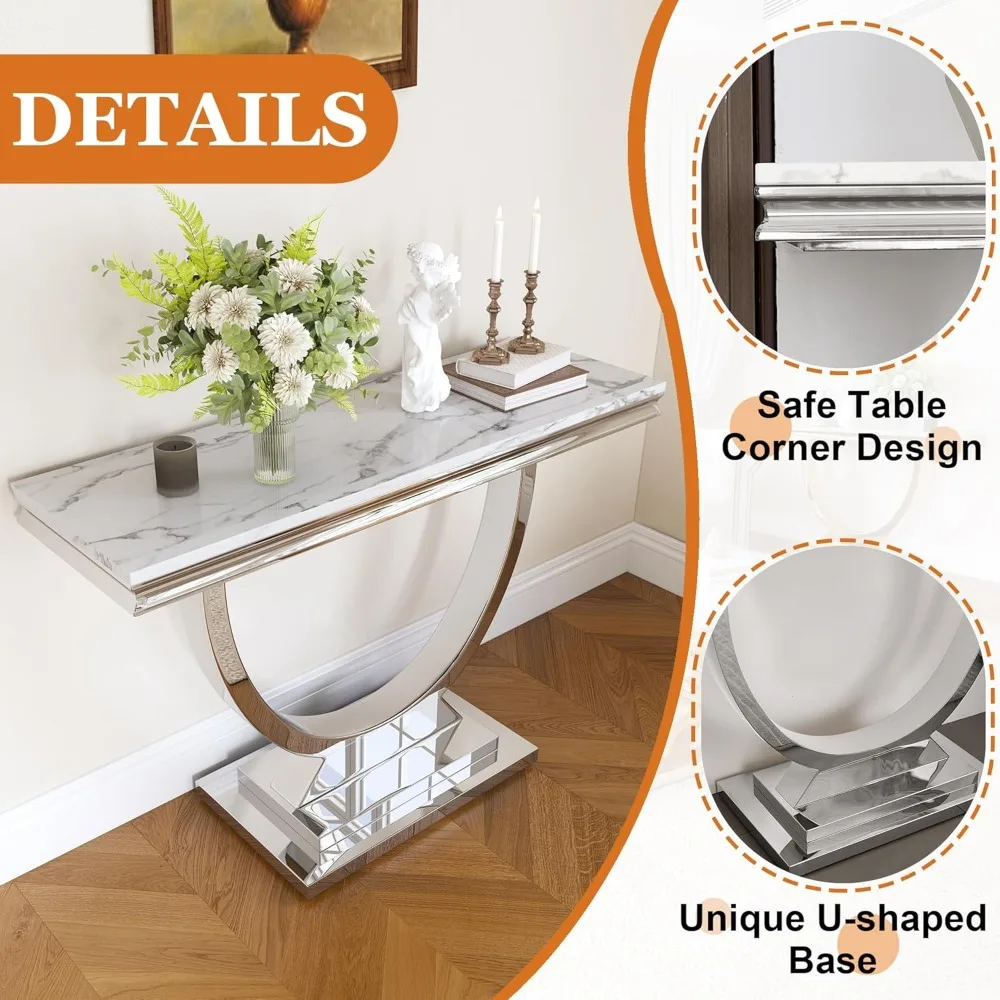طاولة كونسول حديثة مستطيلة الشكل مع سطح من الرخام الصناعي الأبيض وإطار فضي من الفولاذ المقاوم للصدأ