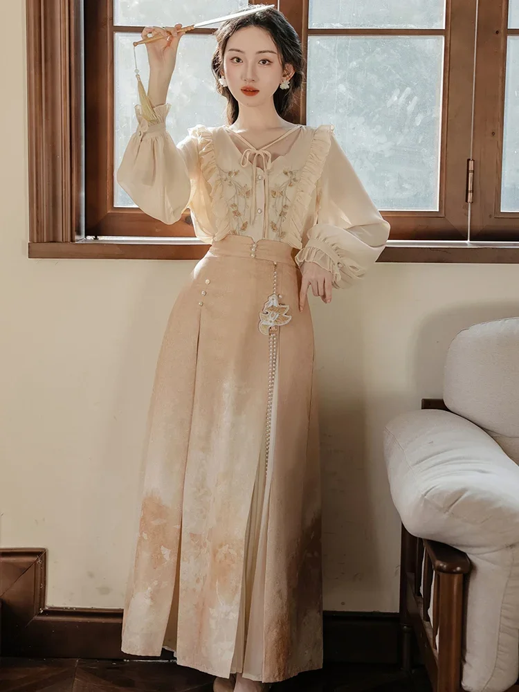 Chinese Stijl Vintage 2 Delige Set Vrouwen Strik V-Hals Met Ruches Geborduurd Shirt + Kralen Retro Rok Pak Lente Hanfu + Accessoires