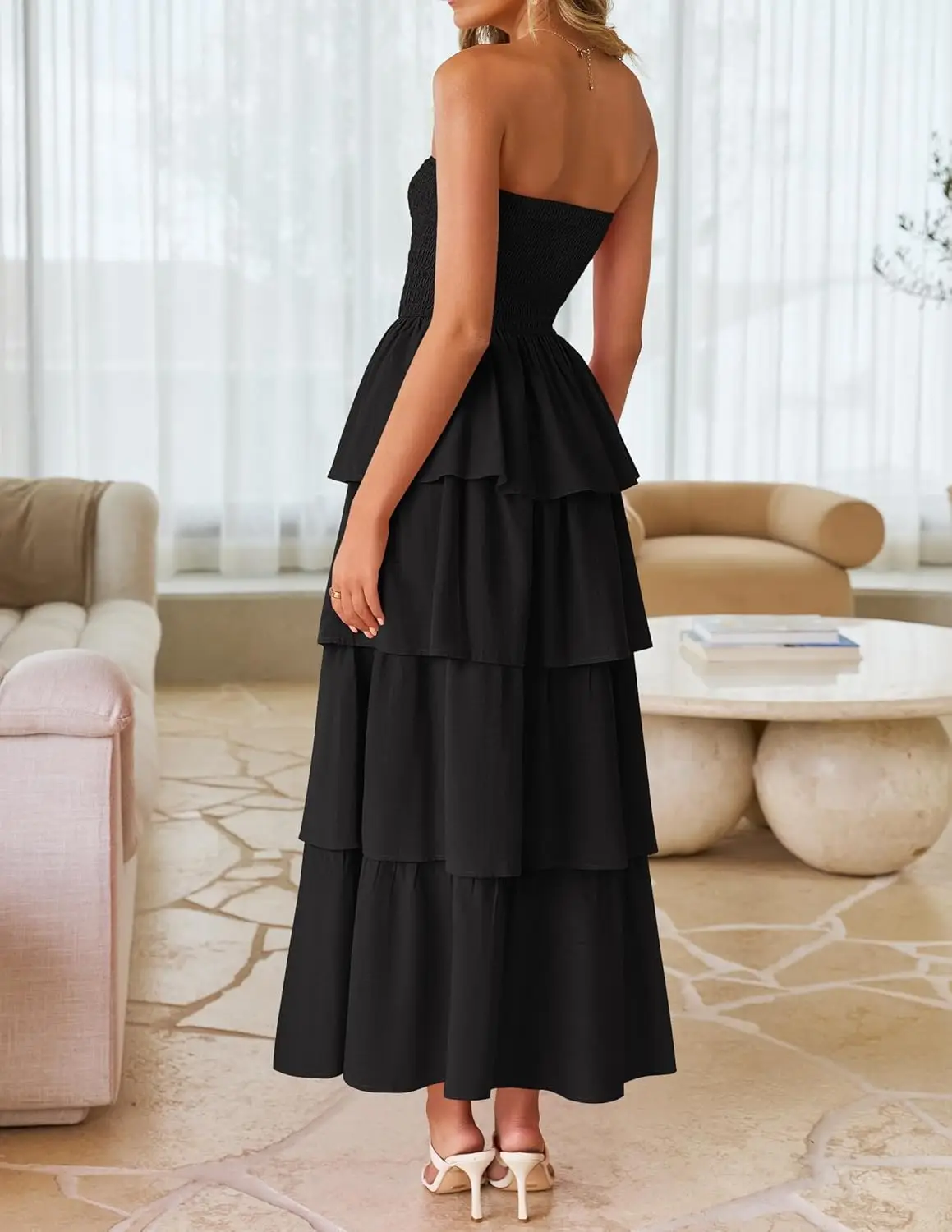 Feminino verão boho sem alças maxi vestido casual sem mangas fora do ombro smocked em camadas praia longo vestido de noite