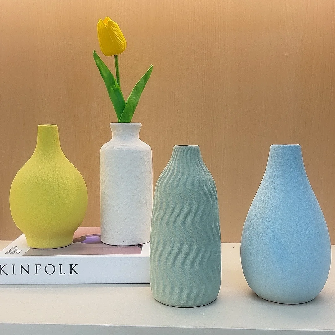Macaron Color Ceramic Vase Set Nordic Style Frosted Textured Flower Vase Minimalist Home Decor for Living Room Table Centerpiece