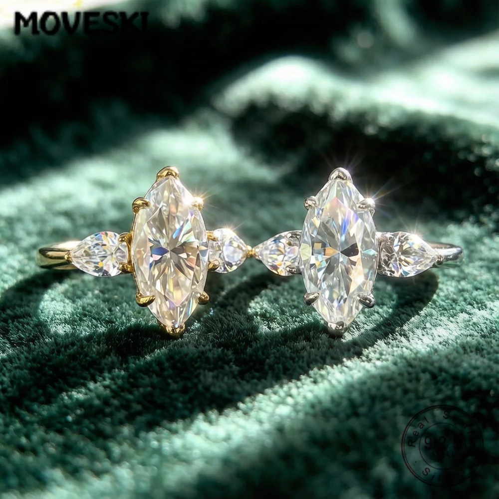 MOVESKI 925 Silver 3CT Marquise Moissanite Three Stone Ring Pear Cut Luxury Engagement Party Rings For Women