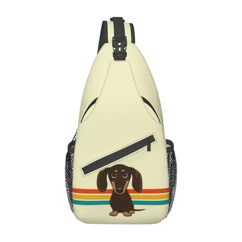 

Cute Chocolate Dachshund Sling Chest Bag Customized Cartoon Wiener Dog Shoulder Crossbody Backpack for Men Traveling Daypack