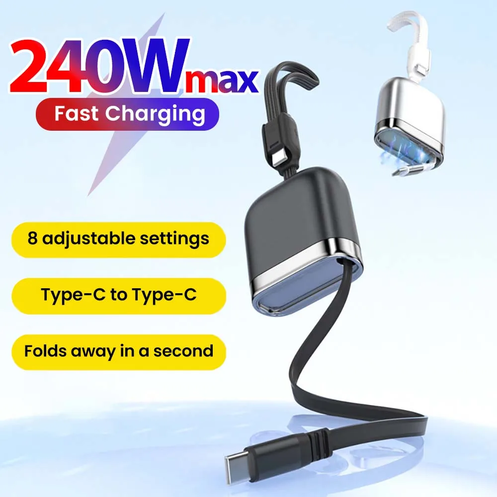 240W Type C to C Fast Charging Retractable Cable For iPhone 15 16 17 Samsung Xiaomi USB C to C Extension Cable For iPad Laptops