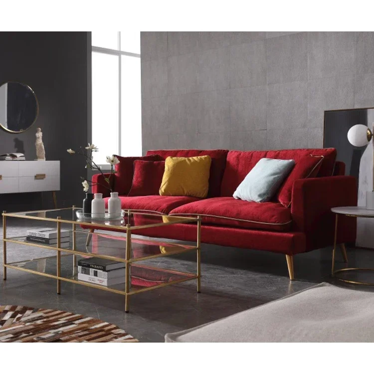 

-European Style Living Room Furniture 3 Seater Red Velvet Sofa Washable Fabric Sofa