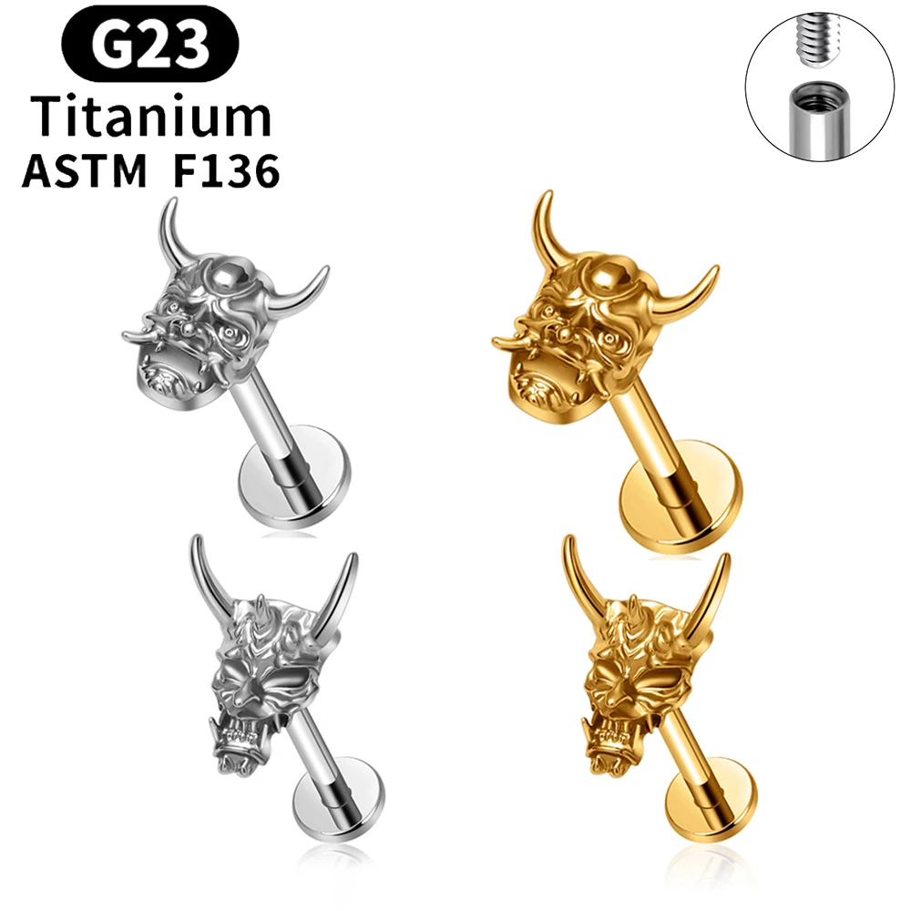 ASTM F136 Titanium Piercing Ear Cartilage Helix Tragus Earring Stud Thread 16G Oni Warrior Head Mask Labret Ring Body Jewelry