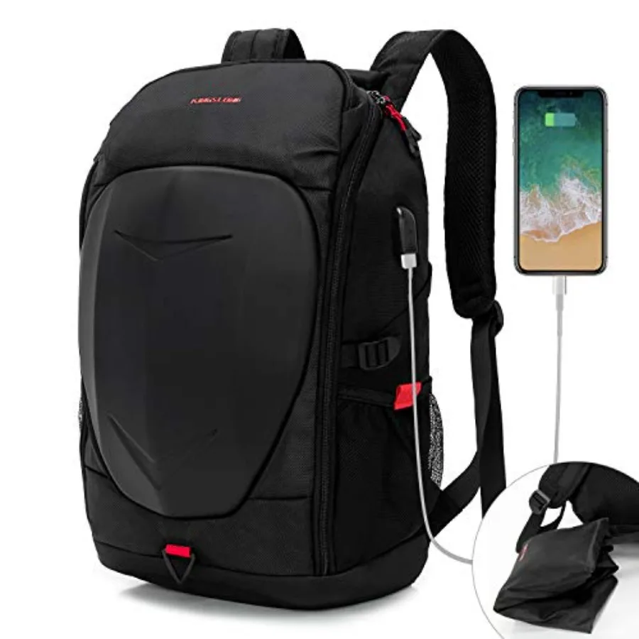 

17 Inch Laptop Backpack with Hardshell, Armored Backpack with USB Port and Lightweight Rain Cover for Motorcycle Outdoor Racing