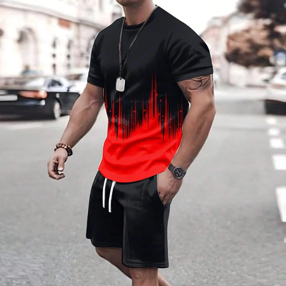 2024 Men\'s Short Sleeve T-shirt Sets Fashion Shorts 2-piece Set Black & Blue Printed Loose Casual T-Shirt Suits Men\'s Sportwear