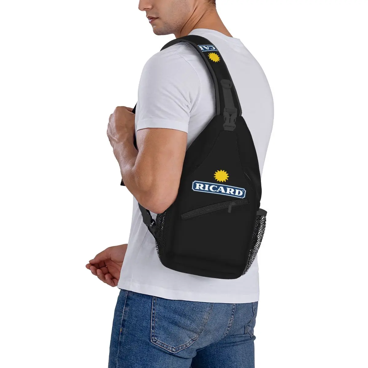 Ricard-merch-mochila con logotipo para hombre, bandolera de hombro, bolso de pecho para viaje y senderismo