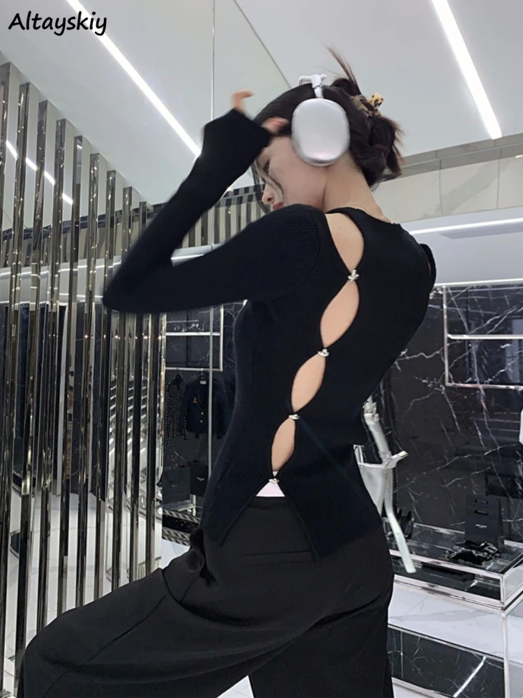 

Chic Backless Hollow Out Pullovers Women Fashion Solid Simple Slim Leisure All-match Sexy Cool Tops Girls Hot Young Popular Ins
