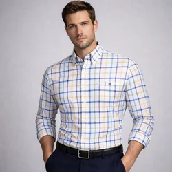 100% Pure Cotton Oxford Shirts for Men Long Sleeve Plaid Shirt Striped Male BusinessTartan Red Shirt Mans Designer Clothes