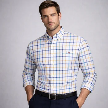 100% Pure Cotton Oxford Shirts for Men Long Sleeve  Plaid Shirt Striped Male BusinessTartan  Red Shirt Mans Designer Clothes