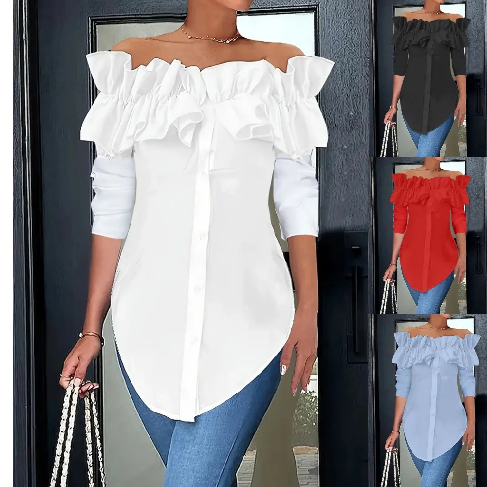 Blusa de manga comprida de botão feminina, monocromática, um ombro, borda de lótus, elegante camisa de escritório, primavera e outono