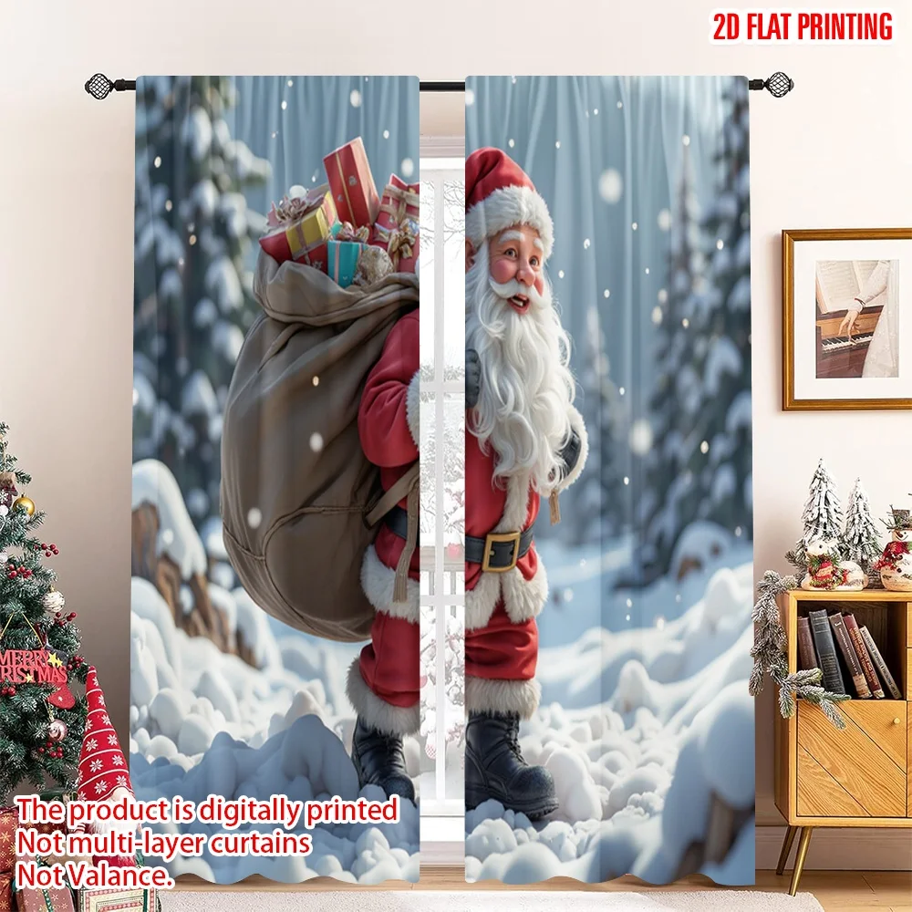 

2pcs 2D flat printing Christmas Party Curtain Santa Claus delivering gifts 100% Polyester Without Electricity 0 for celebrations