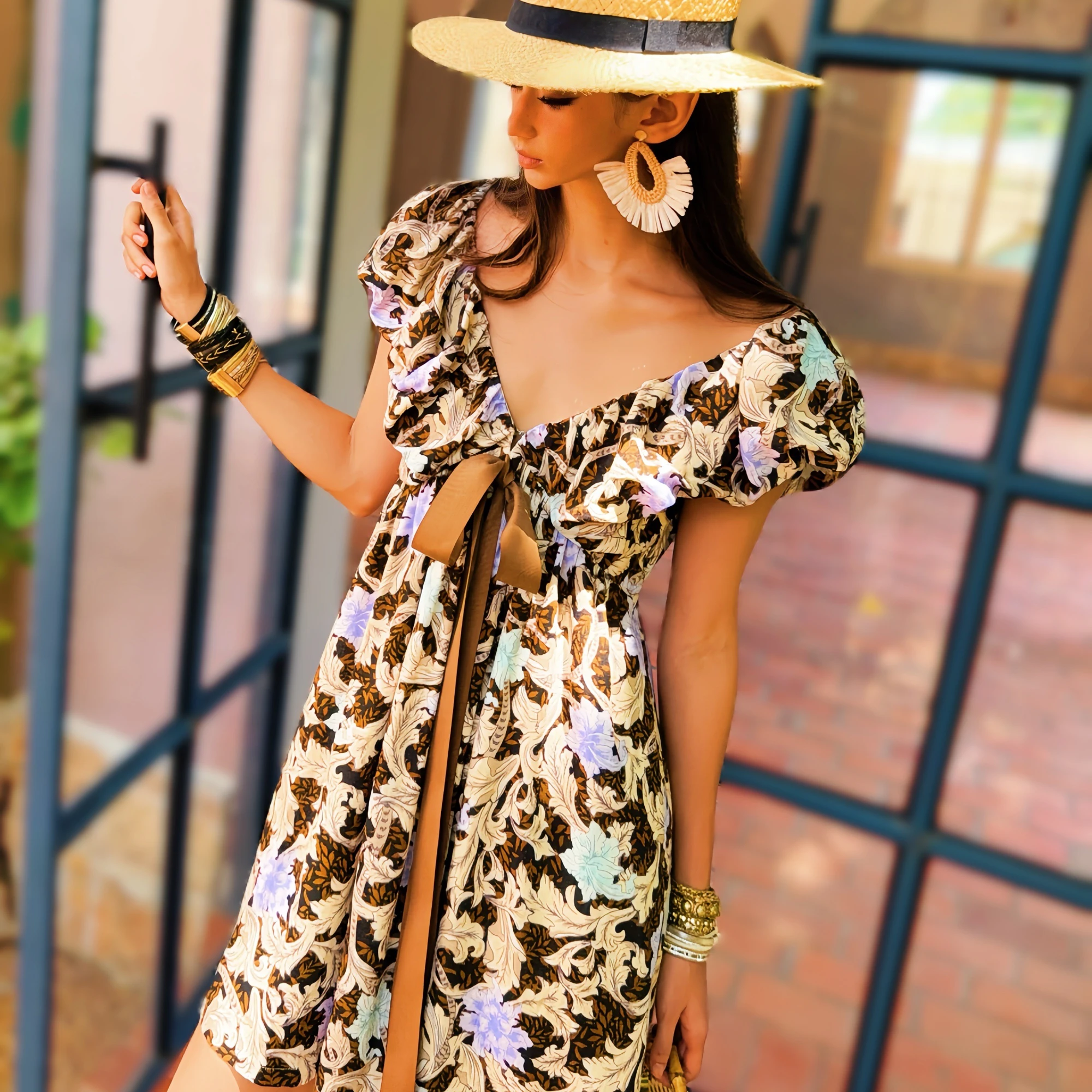 Vestido estampado de verão vestido feminino em camadas decote em v arco manga voadora vestido na altura do joelho saia y2k 2025 novo dabuwa dm2bdr004