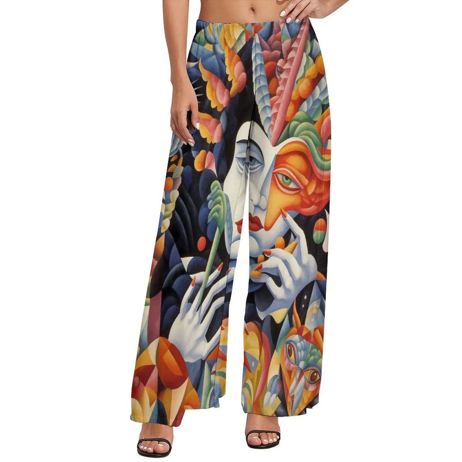 

Abstract Lady Face Pants Colorful Art Streetwear Straight Wide Leg Pants Elastic Waist Classic Trousers Large Size