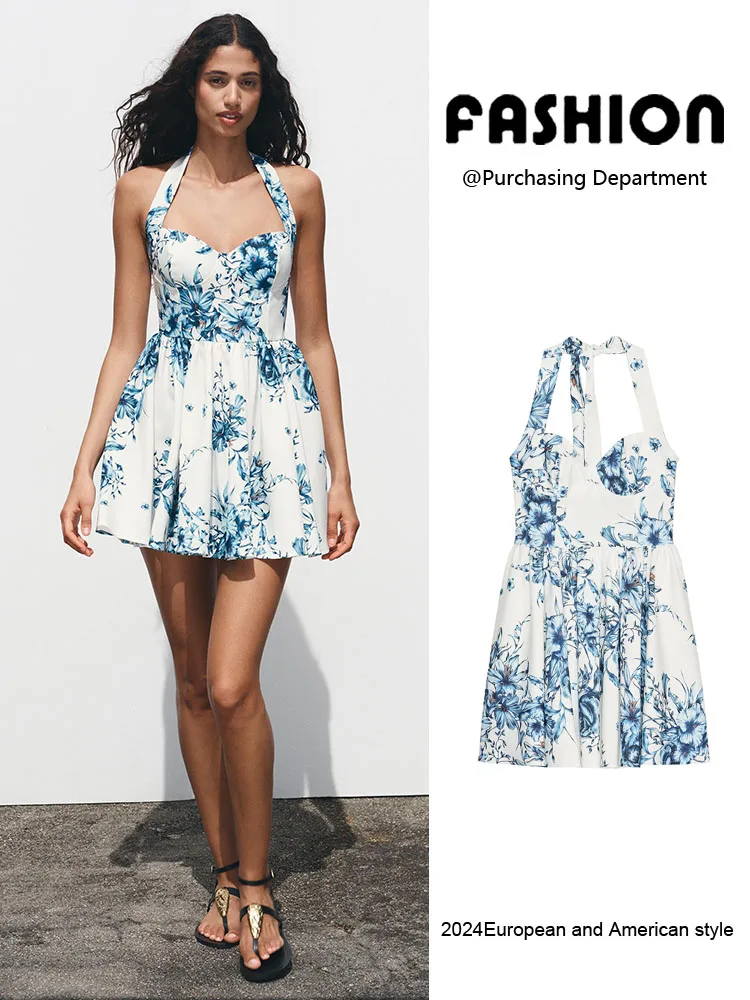 Letnia Nowość Damska Sukienka w Kwiatowy Wzór z Falbanami w Stylu Europejskim, Podkreślona w Talii, Wyszczuplająca