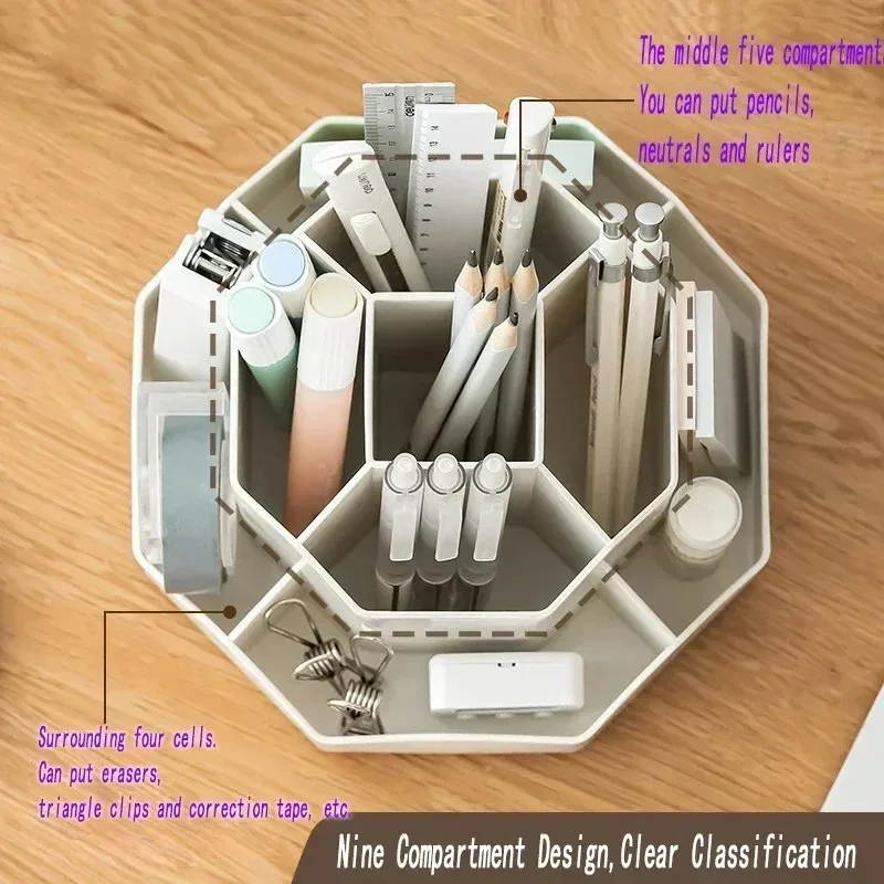 

360 Rotatable Large Capacity 9-Grid Pen Holder Stationery Organizer Multifunctional Desktop Storage Box Office School Supplies