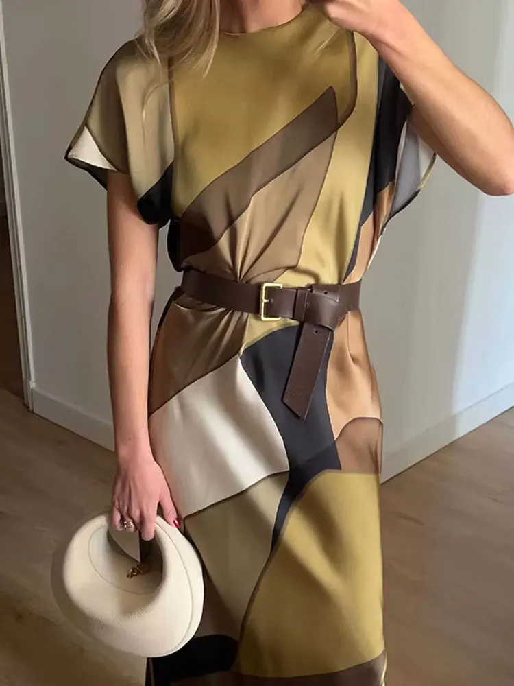 HH 2024 Women\'s Trendy Summer Midi Dresses Back Hollow Out Button Vinatge O-Neck Short Sleeve Elegant Slim Print Dresses