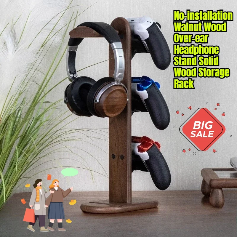 

No-installation Walnut Wood Over-ear Headphone Stand Solid Wood Storage Rack