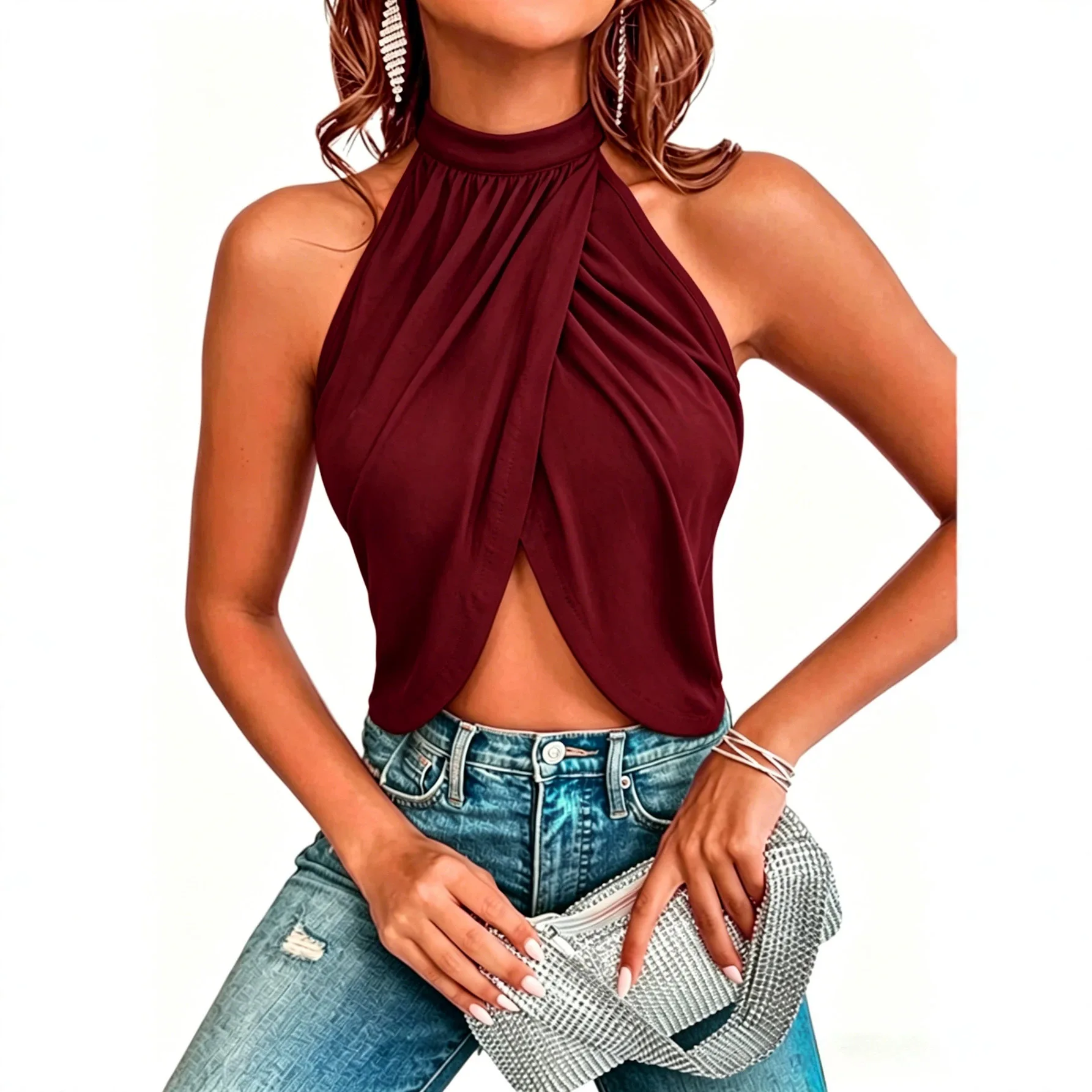 Sexy Short Backless Vest Top Women's Fashionable Cross-Border Small Shirt Milk Silk Commute Style Slim Fit Inner/Outer Wear