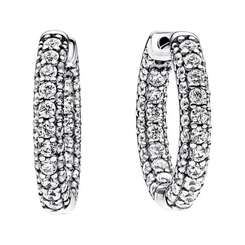 

Timeless Signature Single Row Hoop Earrings For Women 925 Sterling Silver Original Fine Jewelry Pave Setting Clear Zircon Stones