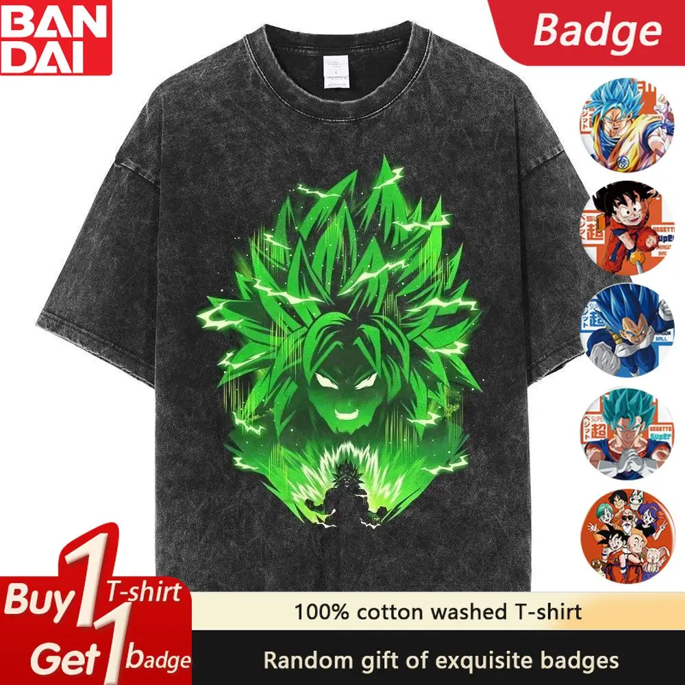 

Dragon Ball Goku Super Saiyan Retro Washed Fashion Trend High Street Classic Print Pattern Pure Cotton High Quality T-shirt