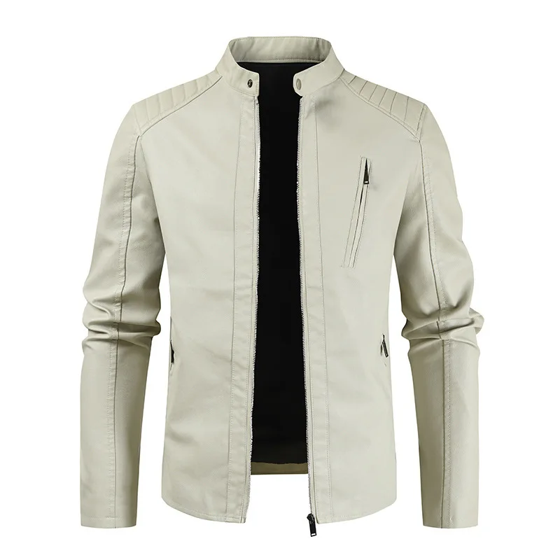 Beige Simple Small Collar Casual Leather Jacket Muscle Men's plus Size Real Leather Motorcycle Jacket Short Zipper Coat