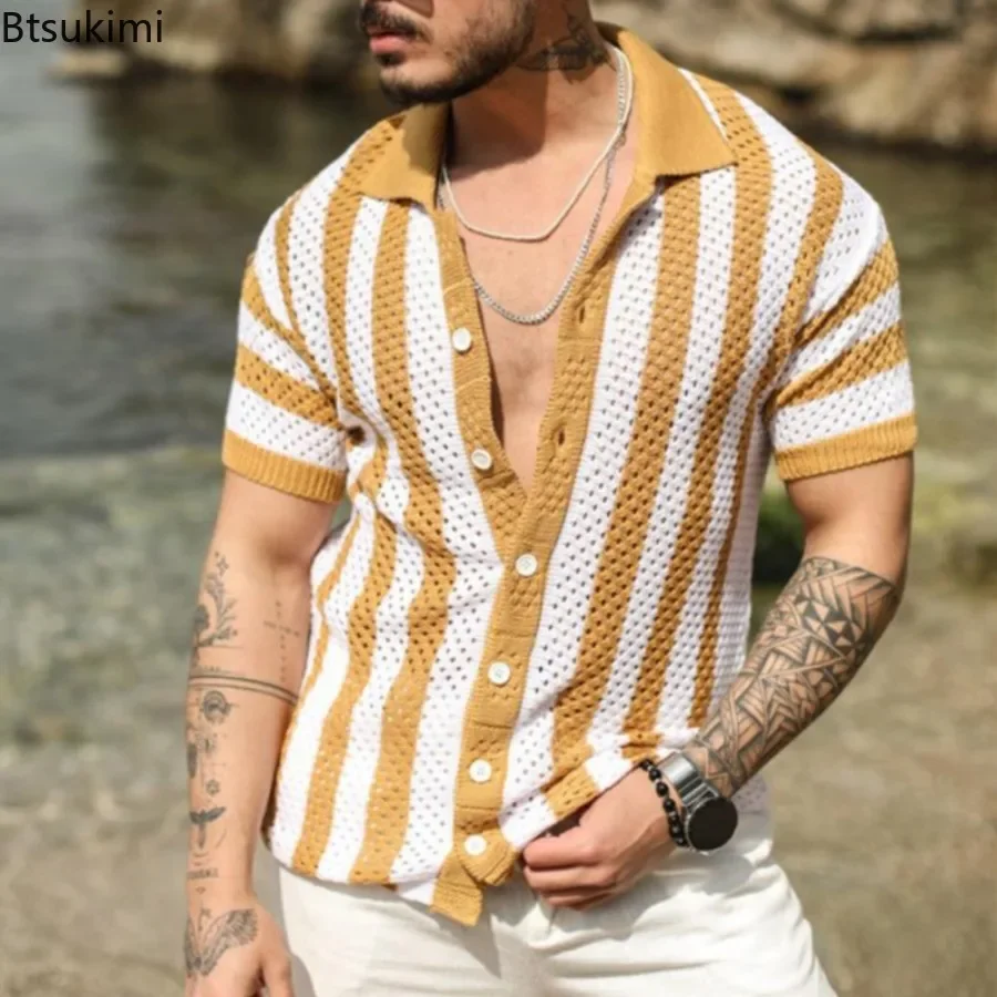 2026 Men's Summer Striped Hollow Out Design Knitted Short-sleeved Polo Shirts Casual Loose Cardigan Tops Male Streetwear T-shirt