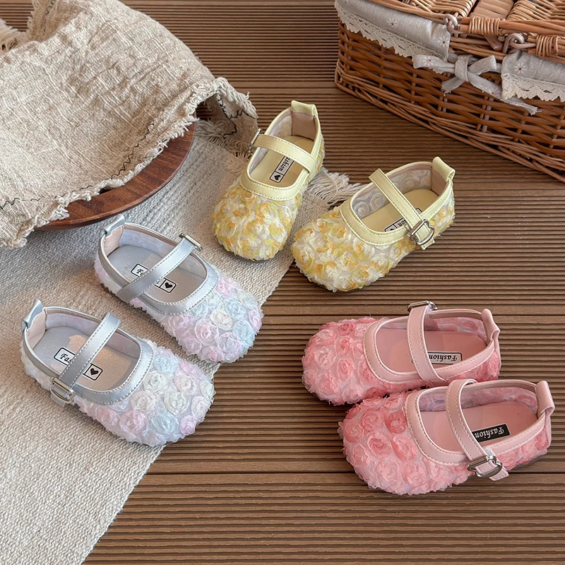 Summer Girl's Sandals 3D Rose Flower Decor Breath-mesh Kids Flat Shoes Colorful Shallow Anti-skid Soft Sole Children Dress Shoe