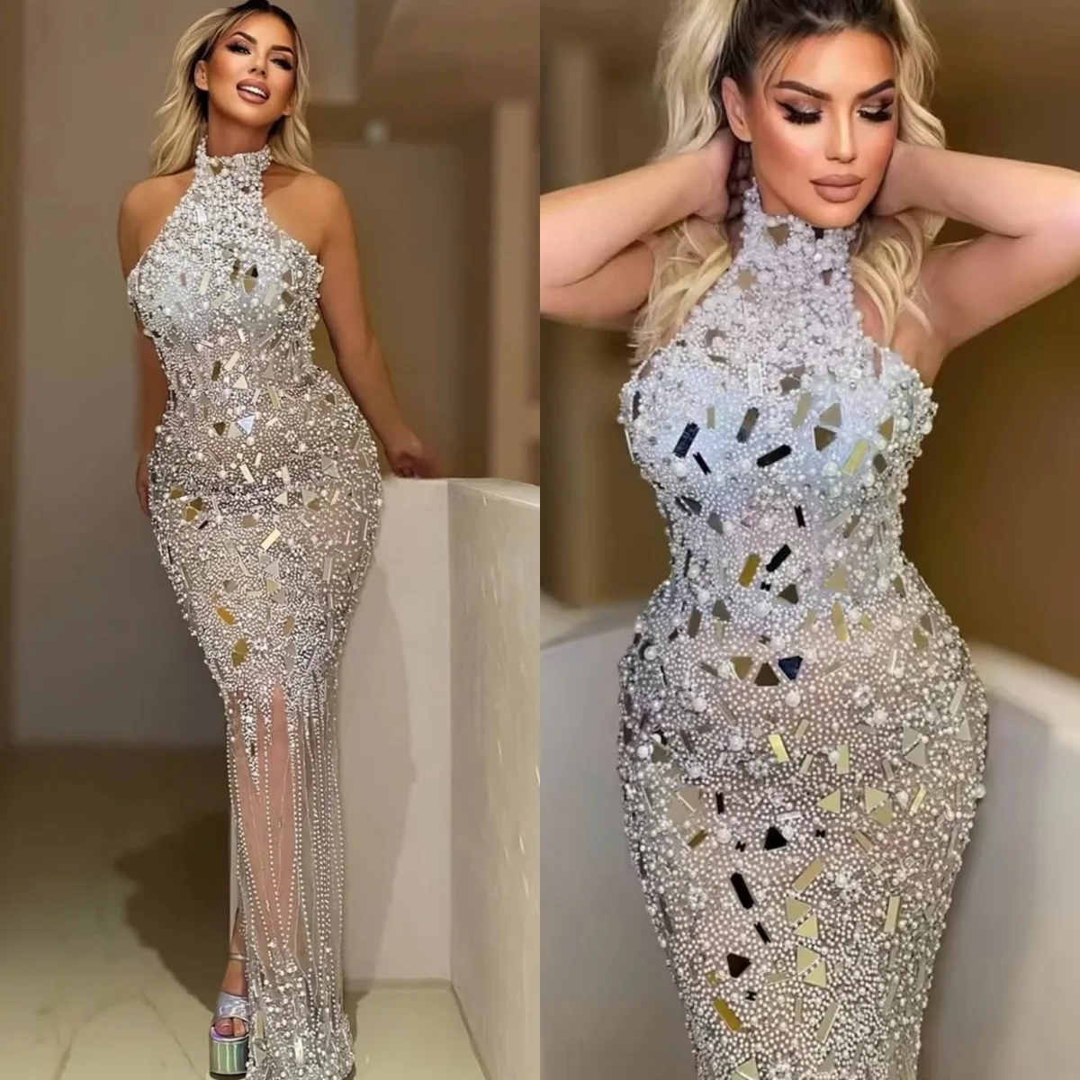 Vestido De graduación De sirena a la moda, Vestidos De Noche De ilusión con cuentas De perlas, Vestidos De Noche sin mangas para fiesta De celebridades, Vestidos De Noche personalizados