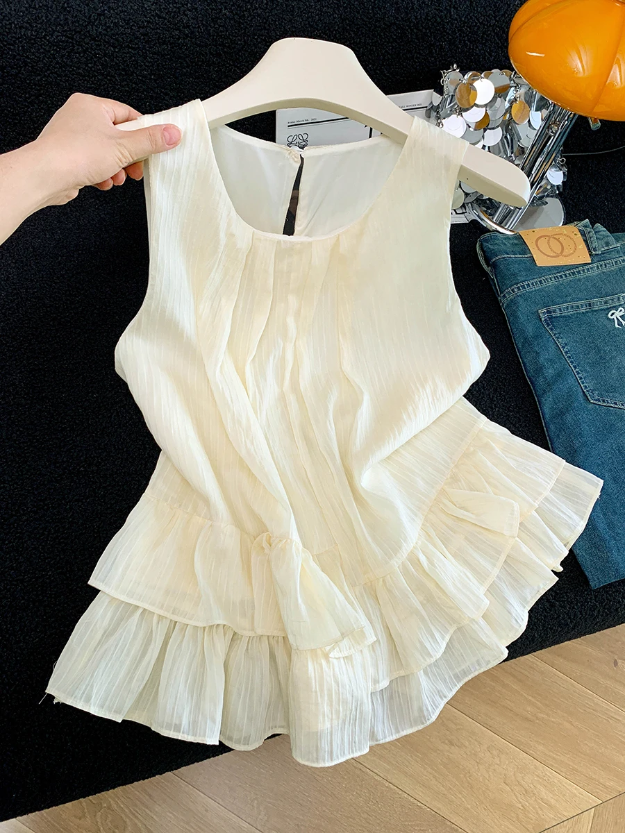 

Sweet Style Girls Summer 2026 New Loose Fit Shirt No Sleeve Blouse with Lace Hemline Breathable Thin Polyester Daily Wear