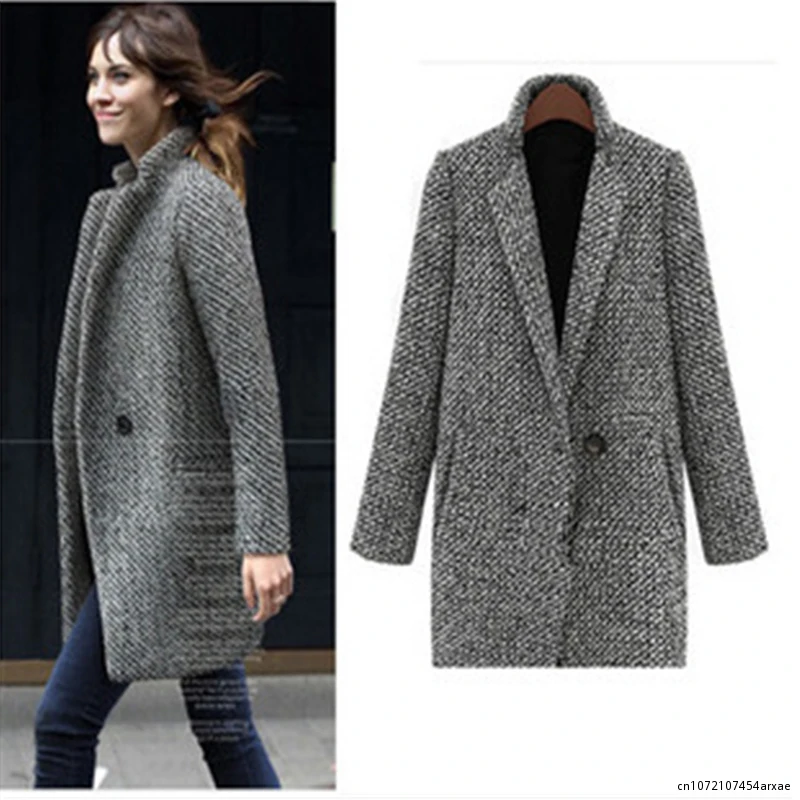 

Winter Coat Women Houndstooth Woolen Coat Fashion Cotton Blend Single Button Pocket Oversize Trench Coat Outerwear Femme