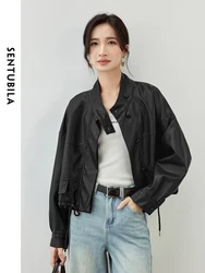 Sentubila feminino preto jaquetas de couro do plutônio 2024 outono desenhar corda recortada jaquetas moto legal inverno outwear w43g56875