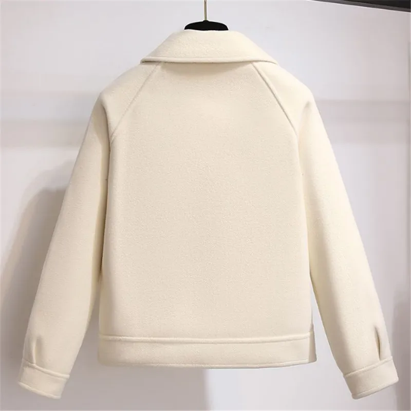 Spring Autumn Short Woolen Coat Women 2023 New Fashion Loose Turndown Collar Jacket Pure Colour Single-Breasted Outerwear Female