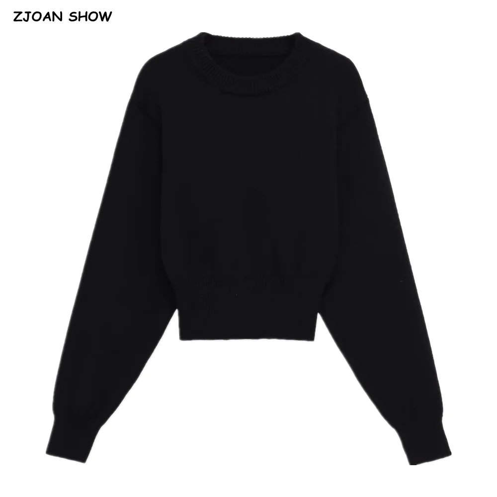 

Осень 202, женский черный вязаный пуловер с круглым вырезом, свитер с высокой талией, тонкий джемпер в рубчик с длинными рукавами «летучая мышь», короткий трикотаж, винтажный